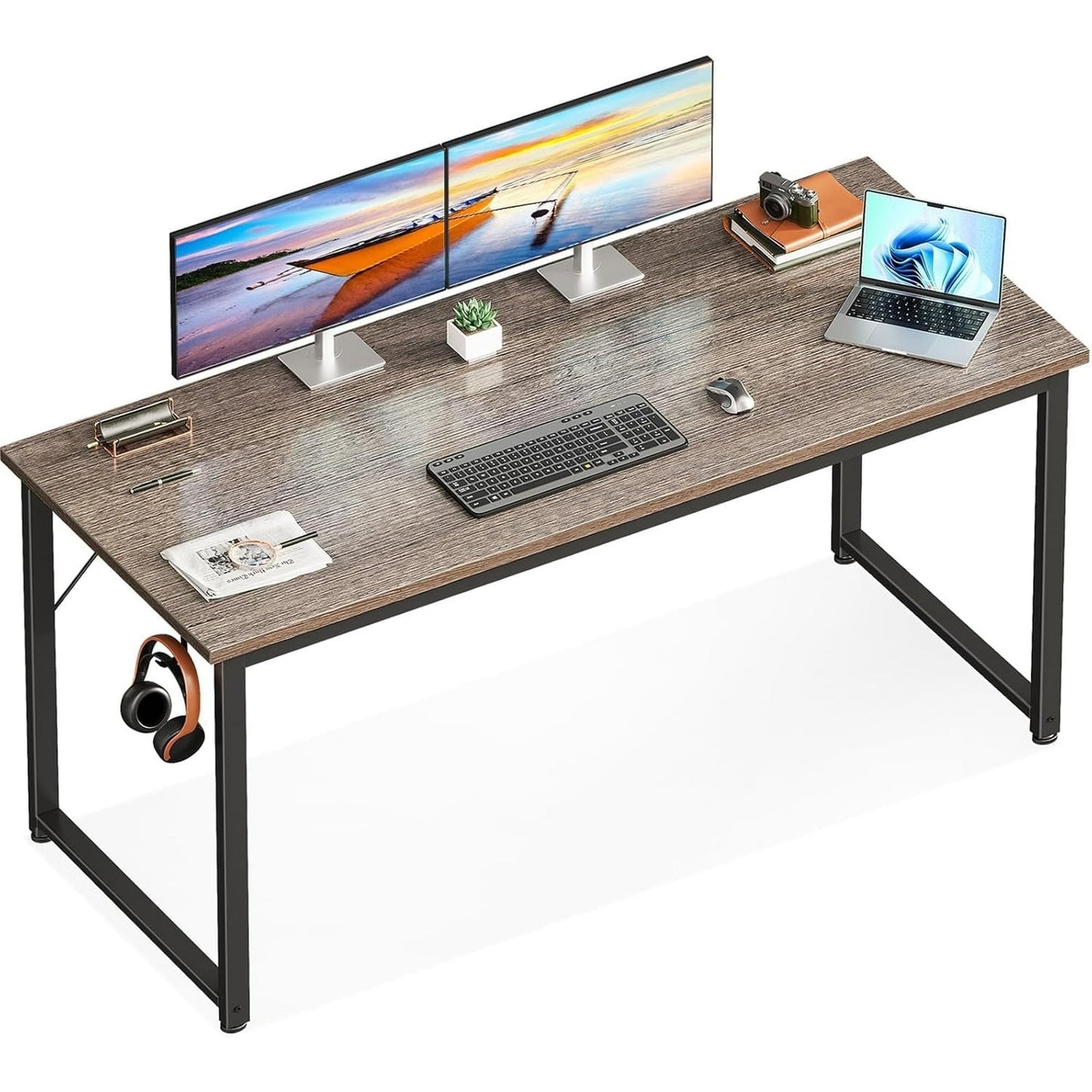Casacomoda 54 inch Computer Desk with Headphone Hooks, Home Office Desk for Large Spaces, Simple Modern Desk for Studying & Writing, Grey Oak