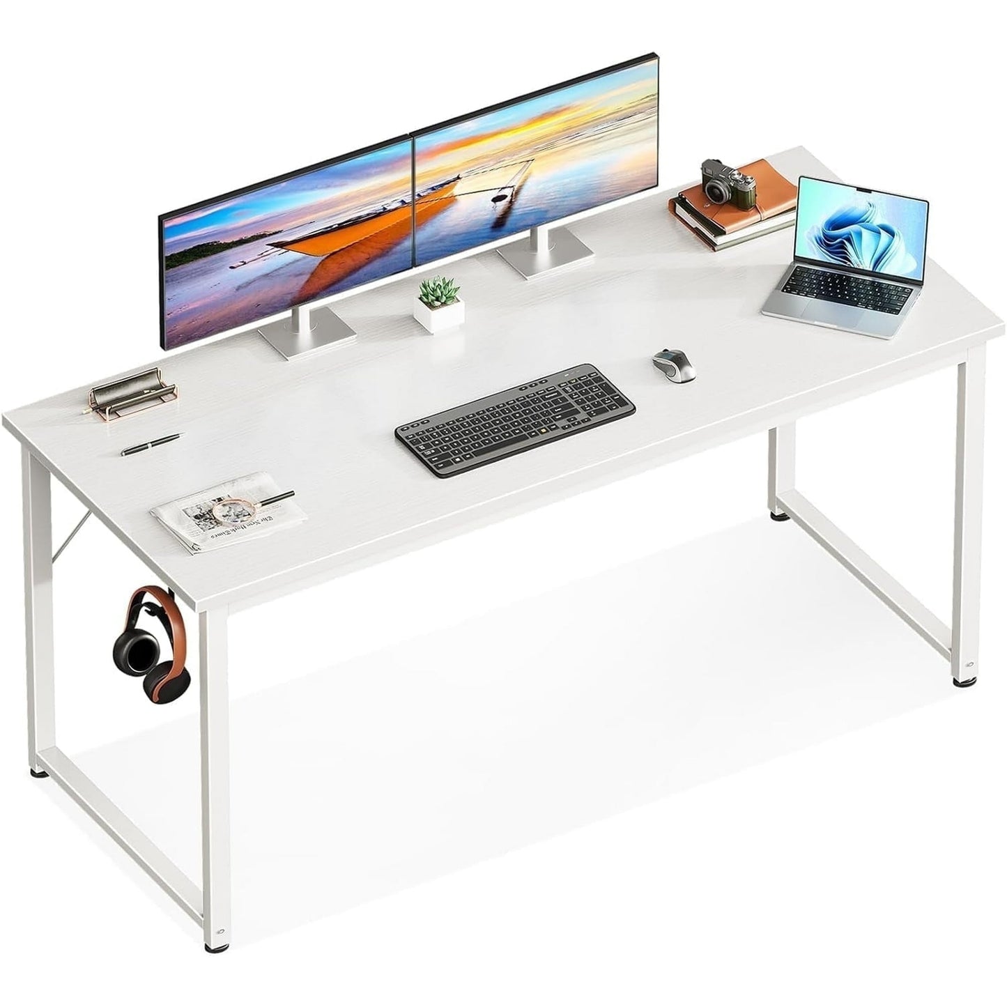 Casacomoda 54 inch Computer Desk with Headphone Hooks, Home Office Desk for Large Spaces, Simple Modern Desk for Studying & Writing, White