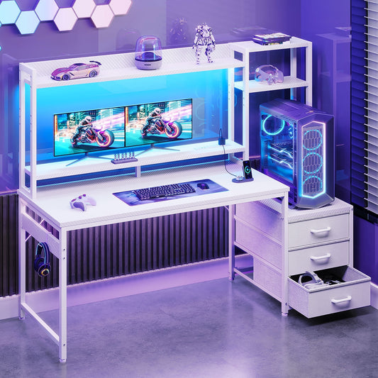 Casacomoda 55 inch Gaming Desk with LED Lights & Power Outlets, Home Office Desk with Reversible Storage Drawers & Monitor Shelves,White
