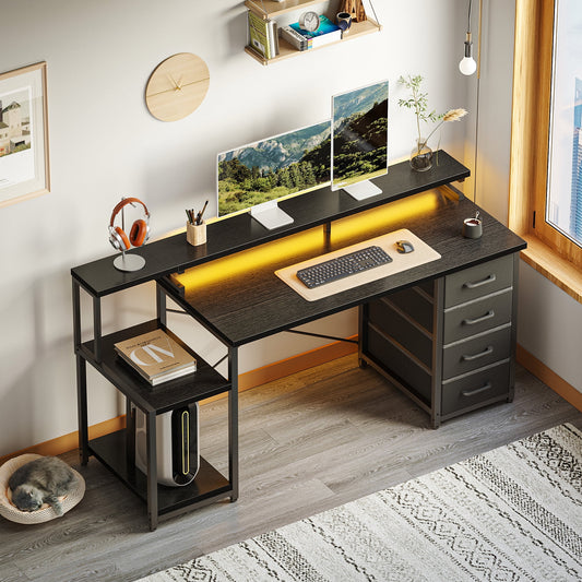 Casacomoda 55 Inch Computer Desk with LED Light, Monitor Stand, Desk with 4 Drawers, Home Office Desk with Storage Shelves, White Office Desks, Black