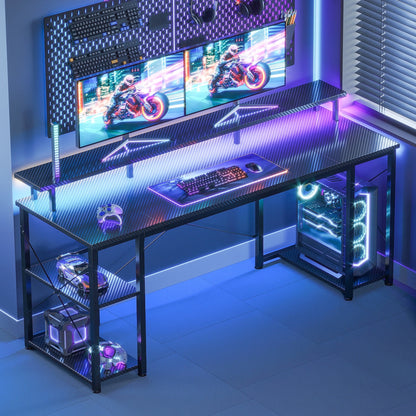 Casacomoda 55 Inch Gaming Desk with LED Lights, Computer Desk with Monitor Stand, Storage Shelves and CPU Stand, Home Office Desk, Black
