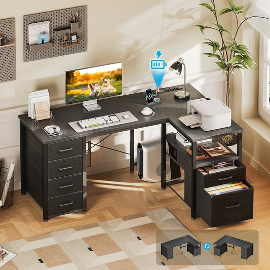 Casacomoda 55 inch Computer Desk with 5 Drawers and File Cabinet for Storage, Office Desk with Storage Shelf & Power Outlets, Home Office Desks, Black