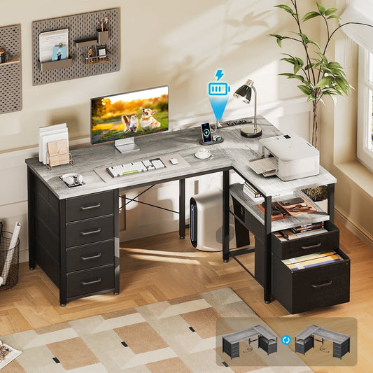 Casacomoda 55 inch Computer Desk with 5 Drawers and File Cabinet for Storage, Office Desk with Storage Shelf & Power Outlets, Home Office Desks, Gray Oak