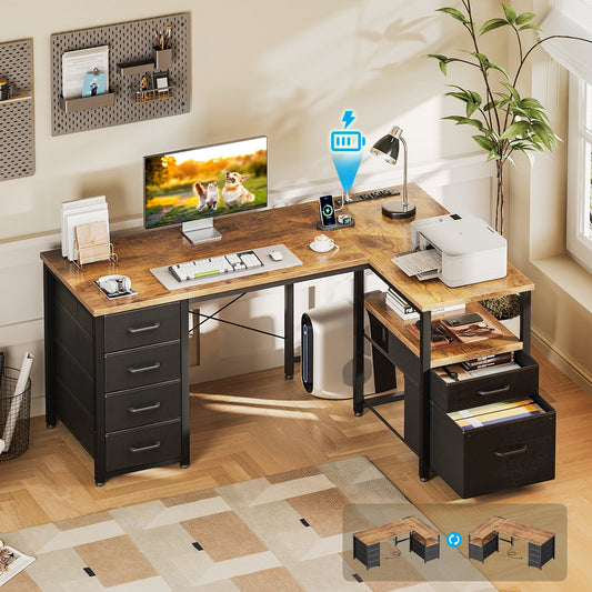 Casacomoda 55 inch Computer Desk with 5 Drawers and File Cabinet for Storage, Office Desk with Storage Shelf & Power Outlets, Home Office Desks, Vintage