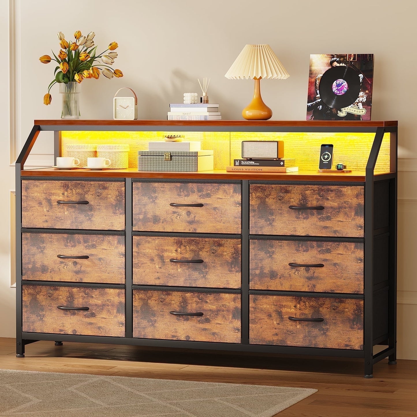 Casacomoda 55 inch Dresser with LED Lights , Dresser for Bedoom with 9 Storage Drawers, Black and Vintage