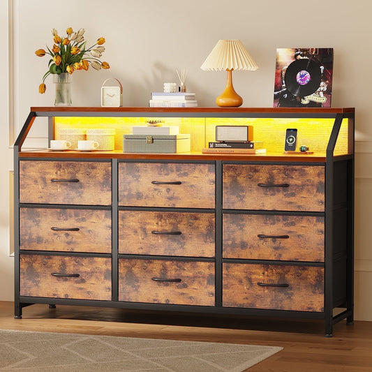Casacomoda 55 inch Dresser with LED Lights , Dresser for Bedoom with 9 Storage Drawers, Black and Vintage