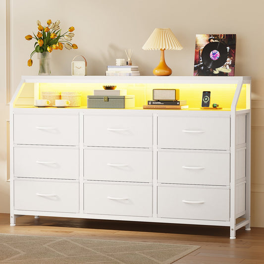 Casacomoda 55 inch Dresser with LED Lights, Dresser for Bedroom with 9 Storage Drawers, White