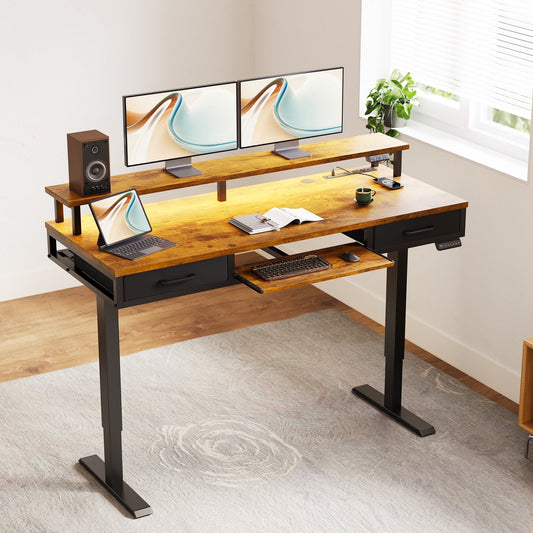 Casacomoda 55 inch Electric Standing Desk with Drawers & Keyboard Tray, Height Adjustable Gaming Desk with Power Outlets & LED Lights, Sit Stand Table with Monitor Stand for Home, Office, Vintage