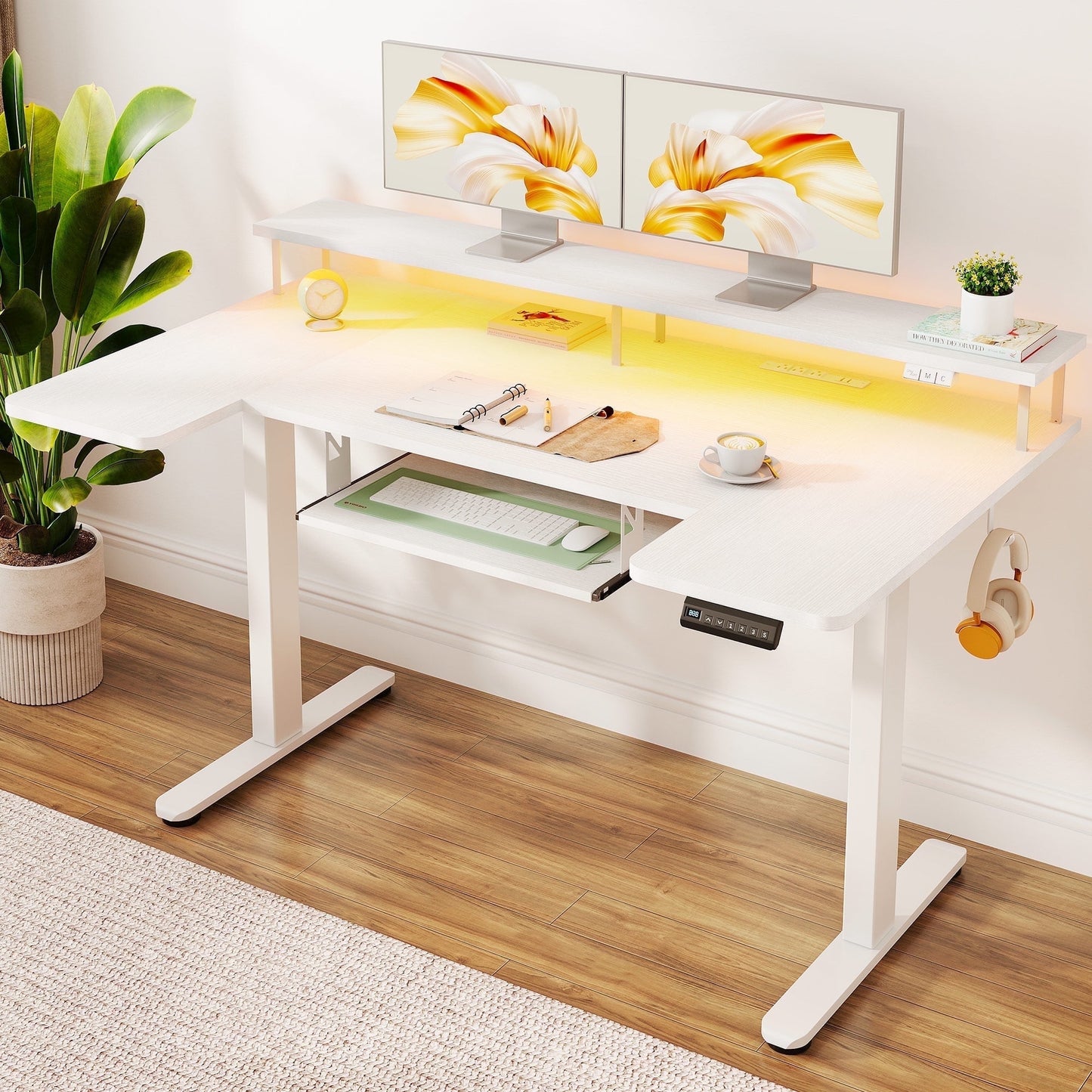 Casacomoda 55 Inch U-Shaped Electric Standing Desk with Power Outlets & LED Lights, Height Adjustable Desk with Keyboard Tray, Sit Stand Table with Monitor Stand for Home, Office, White