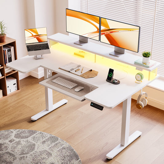 Casacomoda 55 inch U Shaped Electric Standing Desk with Keyboard Tray, Height Adjustable Desk with Power Outlets & LED Lights, Sit Stand Table with Monitor Stand for Home, Office, White