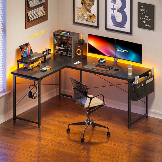 Casacomoda 57“ L Shaped Desk, Gaming Desk with Headphone Hook, Computer Desk for Bedroom, Black