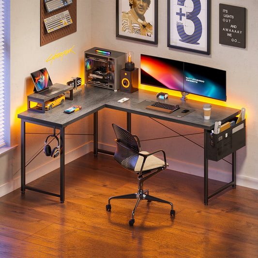 Casacomoda 57“ L Shaped Desk, Gaming Desk with Headphone Hook, Computer Desk for Bedroom, Grey Oak