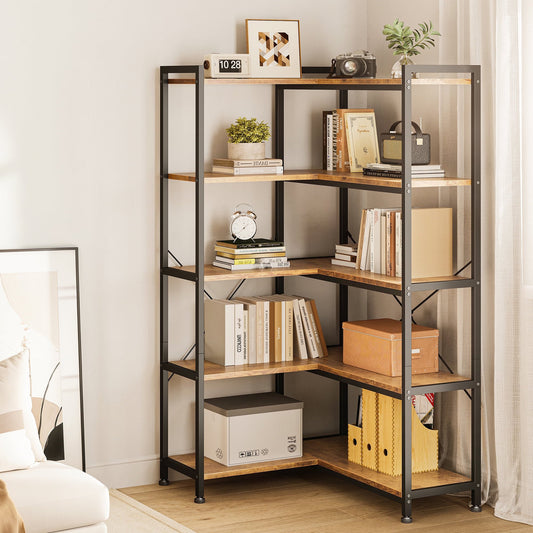 Casacomoda 57 inch L Shaped Corner Bookshelf, 5 Tier Reversible Industrial Bookcase with Open Storage Shelves, Metal Frame Display Rack for Home Office, Living Room, Bedroom, Kitchen, Vintage