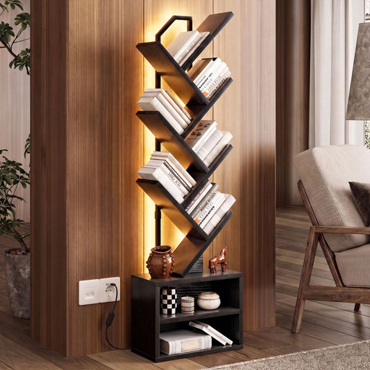 Casacomoda 6 Tier Tall Tree Bookshelf with LED Lights, Bookcase with Double Storage Cabinet, Narrow Corner Display Shelf, Floor Standing Organizer for Living Room, Bedroom, Home Office, Black