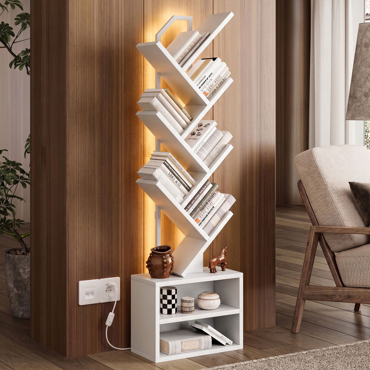 Casacomoda 6 Tier Tall Tree Bookshelf with LED Lights, Bookcase with Double Storage Cabinet, Narrow Corner Display Shelf, Floor Standing Organizer for Living Room, Bedroom, Home Office, White