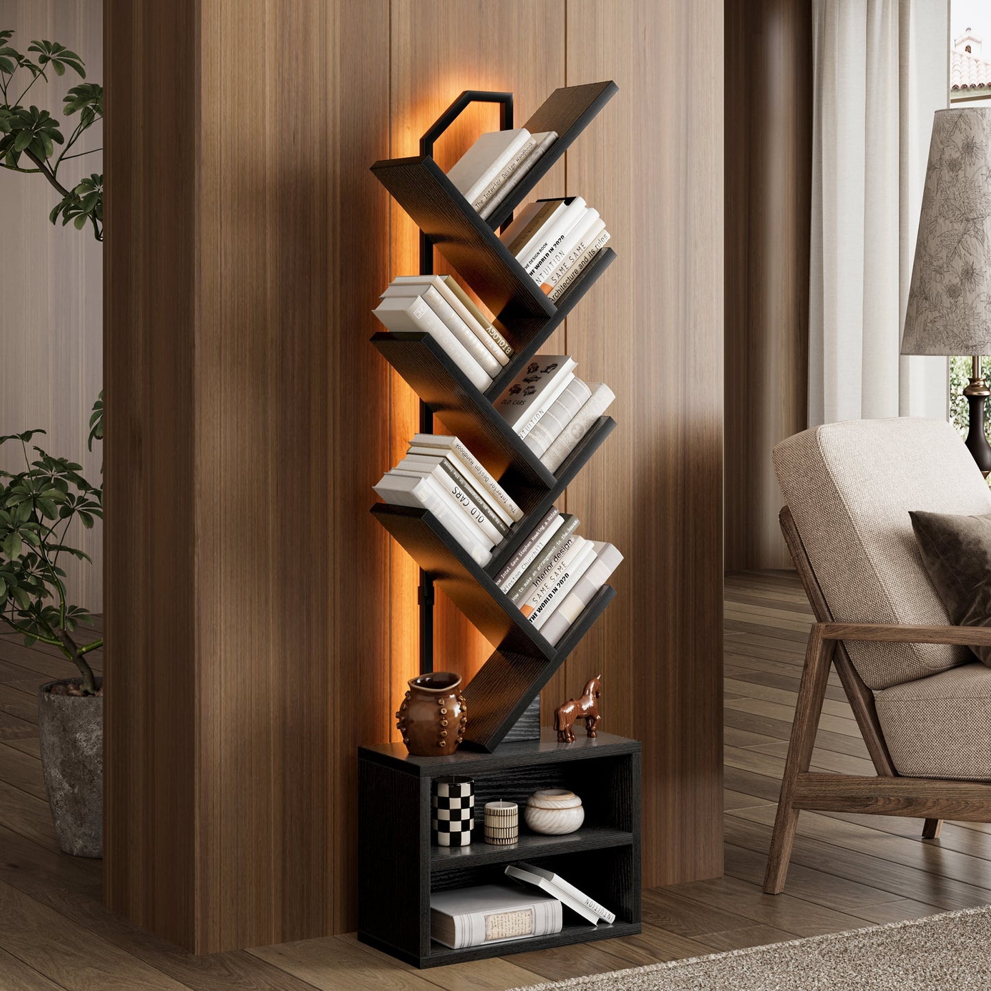 Casacomoda 6 Tier Tall Tree Bookshelf with LED Lights, Bookcase with Double Storage Cabinet, Narrow Corner Display Shelf, Floor Standing Organizer for Living Room, Bedroom, Home Office, Black