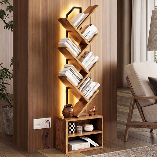 Casacomoda 6 Tier Tall Tree Bookshelf with LED Lights, Bookcase with Double Storage Cabinet, Narrow Corner Display Shelf, Floor Standing Organizer for Living Room, Bedroom, Home Office, Vintage