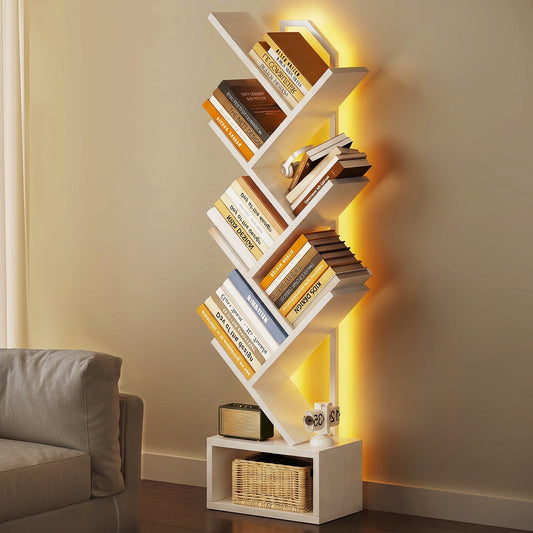 Casacomoda 6 Tier Tree Bookshelf, Bookcase with LED Lights, Display Floor Standing Storage Shelf, Book Organizer Shelves for Home Office, Living Room, White