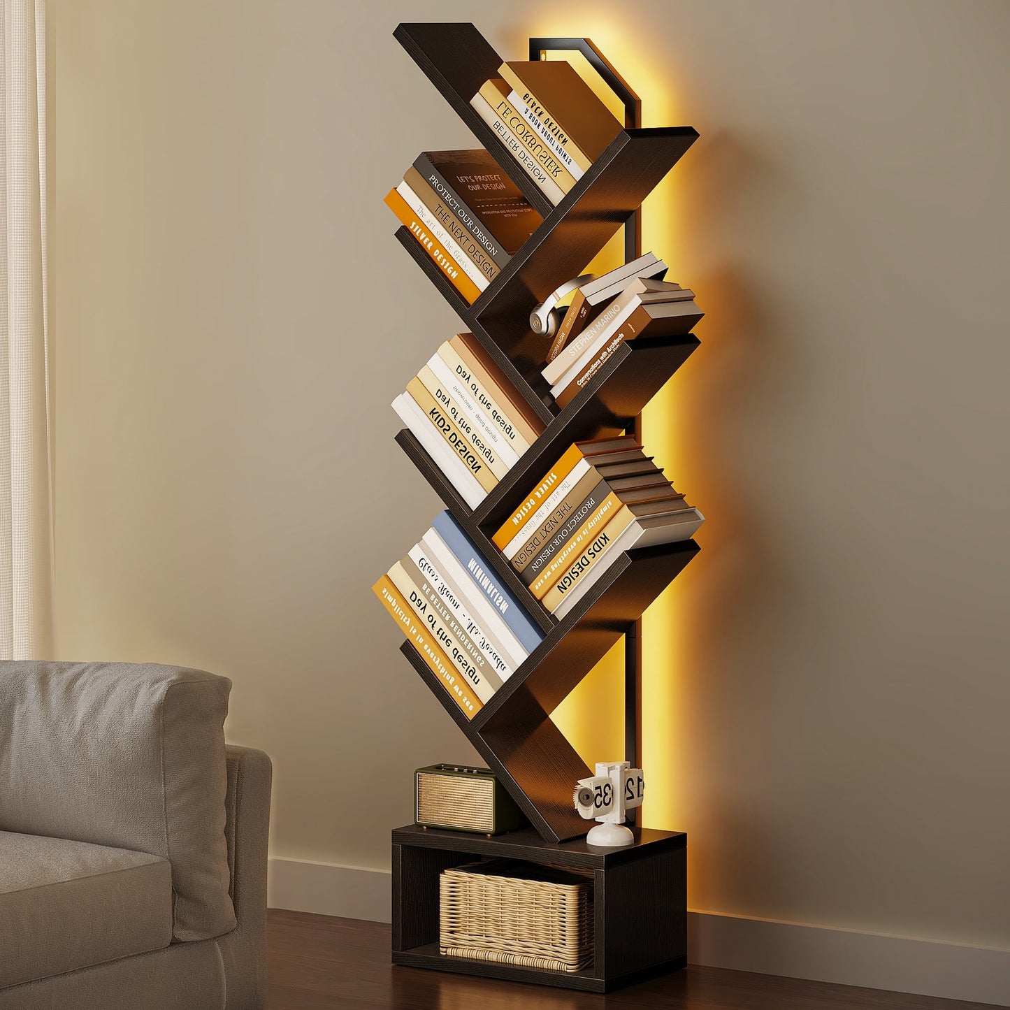 Casacomoda 6-Tier Tree Floor Lamp with Integrated LED Shelving, Modern Display Stand for Living Room & Home Office, Black
