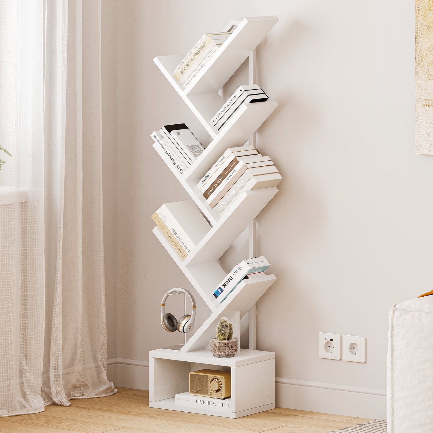 Casacomoda 6-Tier Tree Floor Lamp with Integrated LED Shelving, Modern Display Stand for Living Room & Home Office, White