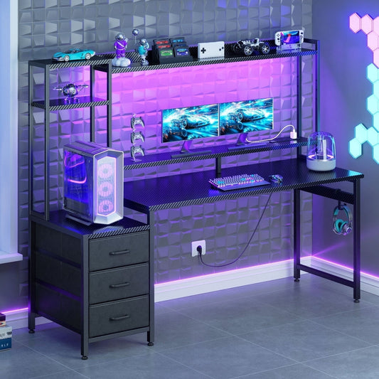 Casacomoda 63" Gaming Desk with Hutch and Drawers, RGB LED Lights, Computer Desk with Power Outlets for Home Office, Black