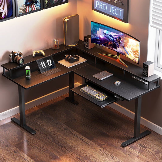 Casacomoda Adjustable L-Shaped Standing Desk with Electric Height Adjustment, 59" Desk with Full Monitor Stand, Metal Base for Home Office, Black