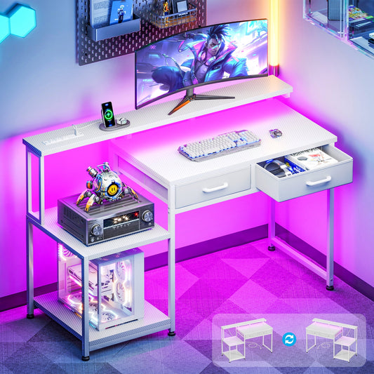 Casacomoda Computer Desk, 48 Inch Gaming Desk with Led Lights & Power Outlet, Home Office Desk with Monitor Shelf, Reversible Desk with Printer Stands, Carbon Fiber White