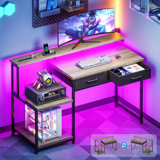 Casacomoda Computer Desk, 48 Inch Gaming Desk with Led Lights & Power Outlet, Home Office Desk with Monitor Shelf, Reversible Desk with Printer Stands, Grey