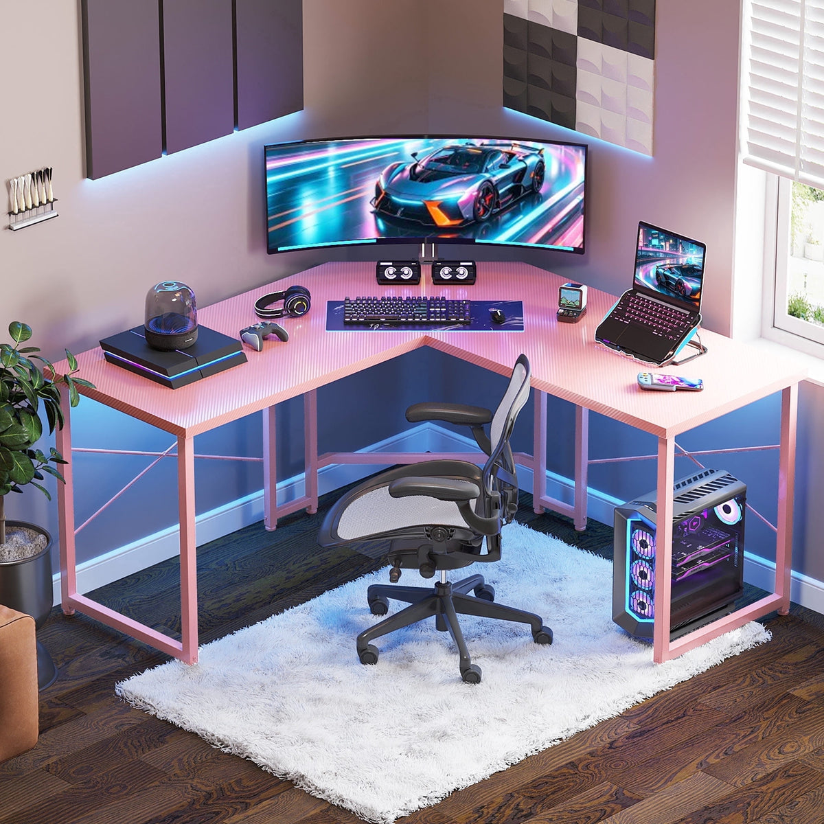 Casacomoda Computer Desk L Shaped, 51 Inch Reversible L Shaped Desk, Gaming Desk, Corner Desk, Gaming Table, Pink