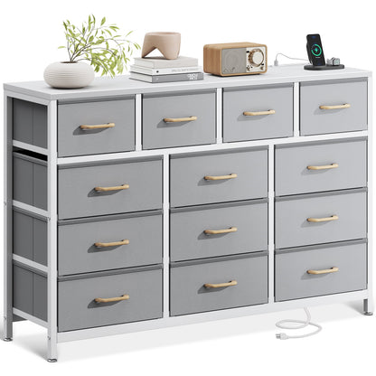 Casacomoda 55-Inch Wood Dresser with 13 Storage Drawers & Built-in Power Outlets, Large Bedroom Dresser and TV Stand, Light Grey