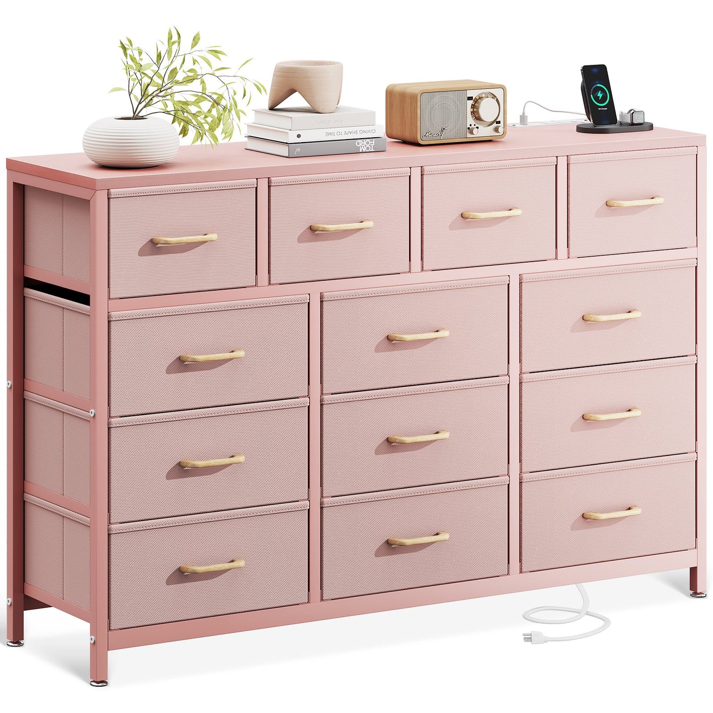 Casacomoda Dresser with Charging Station, 55-Inch Long Dressers for Bedroom, Large Dressers TV Stand with 13 Storage Drawers, Fabric Dresser Chest of Drawers, Pink