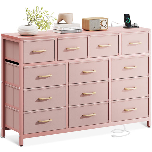 Casacomoda Dresser with Charging Station, 55-Inch Long Dressers for Bedroom, Large Dressers TV Stand with 13 Storage Drawers, Fabric Dresser Chest of Drawers, Pink