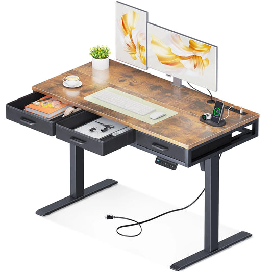 Electric Standing Desk with Drawers, 47 Inch Height Adjustable Desk with Power Outlets & USB, Sit Stand Table for Home, Office, Workstation, Rustic Brown