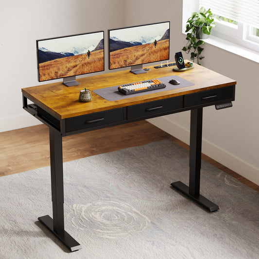 Electric Standing Desk with Drawers, 47 Inch Height Adjustable Desk with Power Outlets & USB, Sit Stand Table for Home, Office, Workstation, Rustic Brown