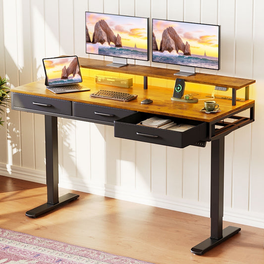 Casacomoda 55 inch Electric Standing Desk with Power Outlets and LED Lights, Adjustable Height Sit Stand Desk with Monitor Shelf & 3 Fabric Drawers for Home Office, Vintage