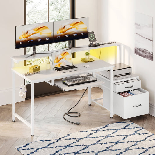 Casacomoda Computer Desk with Power Outlets, Workstation with Monitor Shelf & File Cabinet, Home Office Desk with LED Light & Print Stand, Reversible, White