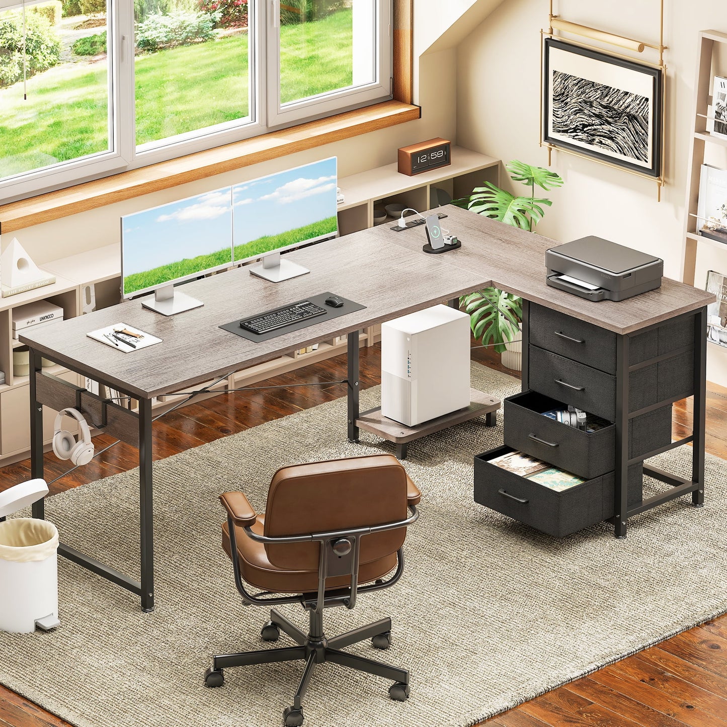 Casacomoda L Shaped Computer Desk with Charging Station, 61 inch PC Table Study Desk 4 Tier Drawers, Modern Simple Style Laptop Desk for Bedroom, Grey Oak