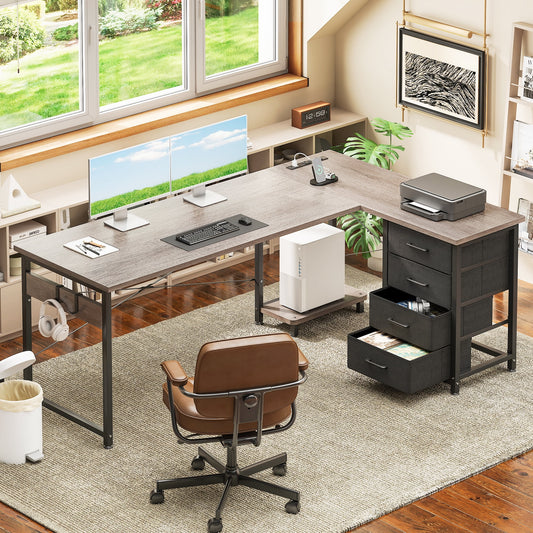 Casacomoda L Shaped Computer Desk with Charging Station, 61 inch PC Table Study Desk 4 Tier Drawers, Modern Simple Style Laptop Desk for Bedroom, Grey Oak