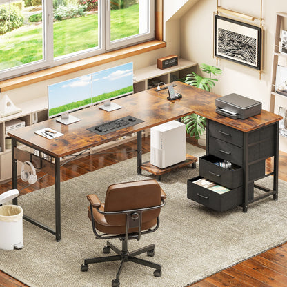 Casacomoda L Shaped Computer Desk with Charging Station, 61 inch PC Table Study Desk 4 Tier Drawers, Modern Simple Style Laptop Desk for Bedroom, Vintage