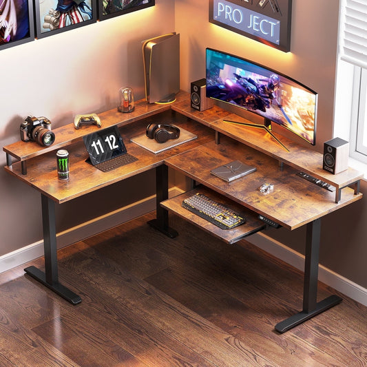 59" Electric Standing Desk,L-Shaped Desk, Height Adjustable Corner Desk with Monitor Shelf for Home Office & Gaming, Workstation, Vintage