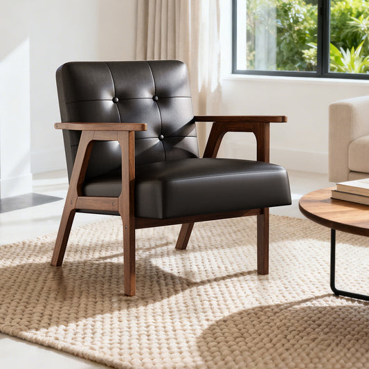 Casacomoda PU Leather Accent Chair Mid Century Comfy Cozy Chair with Solid Wood Legs, Modern Arm Reading Chair with Button Tufted Back for Living Room Bedroom, Black