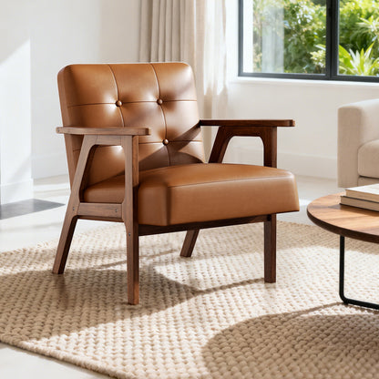 Casacomoda PU Leather Accent Chair Mid Century Comfy Cozy Chair with Solid Wood Legs, Modern Arm Reading Chair with Button Tufted Back for Living Room Bedroom, Brown