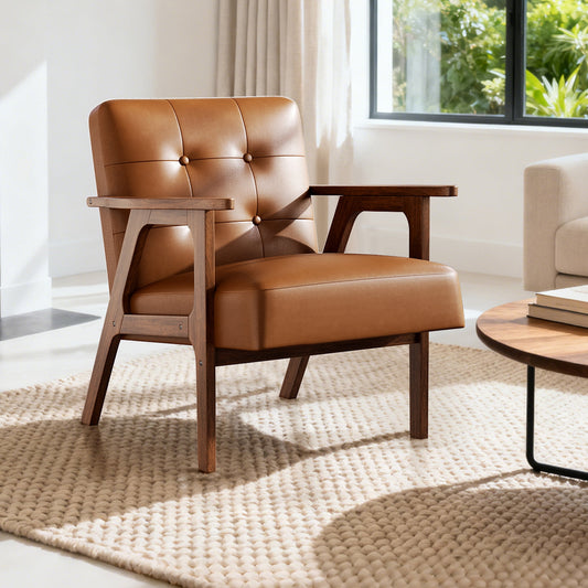 Casacomoda PU Leather Accent Chair Mid Century Comfy Cozy Chair with Solid Wood Legs, Modern Arm Reading Chair with Button Tufted Back for Living Room Bedroom, Brown