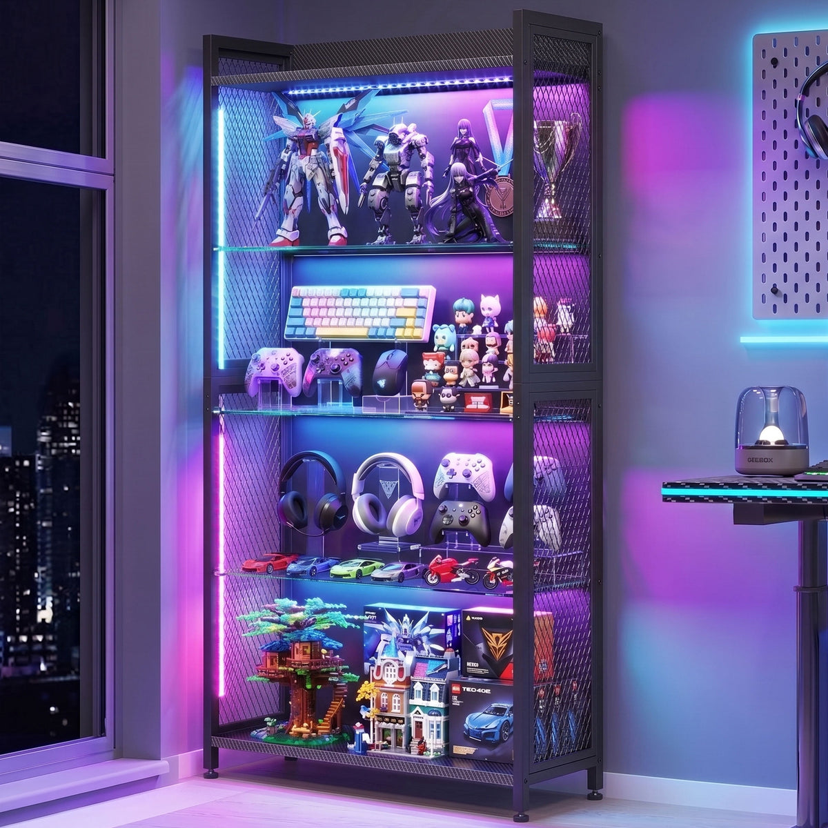 Casacomoda RGB Gaming Glass Display Case for Collectibles, Music Sync Lighted Display Shelf with 4+1 Shelves, 5-Strip LED with Controller, Display Cabinet for Figures, Game Setup& Curio, Black