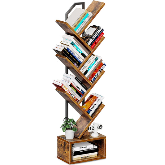 Casacomoda 6-Tier Tree Bookshelf for Corner & Small Space — Narrow Steel & Wood Bookcase, Tall Floor Standing Book Organizer Shelf with Storage Cabinet, Home Decor for Living Room, Bedroom, Vintage