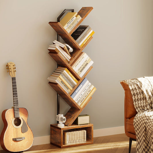 Casacomoda 6-Tier Tree Bookshelf for Corner & Small Space — Narrow Steel & Wood Bookcase, Tall Floor Standing Book Organizer Shelf with Storage Cabinet, Home Decor for Living Room, Bedroom, Vintage