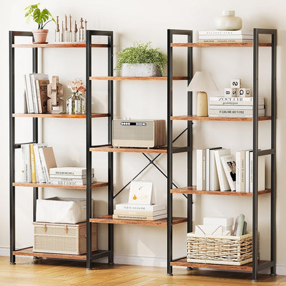 Casacomoda Triple Wide 4 Tier Bookshelf, Rustic Industrial Style Bookcases with 15 Open Display Shelves, Modern Tall Bookcase Furniture for Bedroom, Living Room and Home Office, Rustic Brown