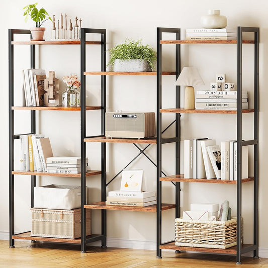 Casacomoda Triple Wide 4 Tier Bookshelf, Rustic Industrial Style Bookcases with 15 Open Display Shelves, Modern Tall Bookcase Furniture for Bedroom, Living Room and Home Office, Rustic Brown
