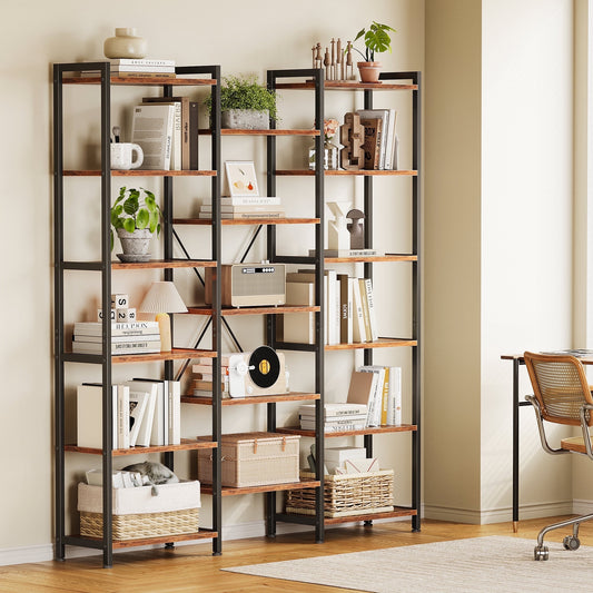 Casacomoda Triple Wide 6 Tier Bookshelf, Rustic Industrial Style Bookcases with 15 Open Display Shelves, Modern Tall Bookcase Furniture for Bedroom, Living Room and Home Office, Rustic Brown