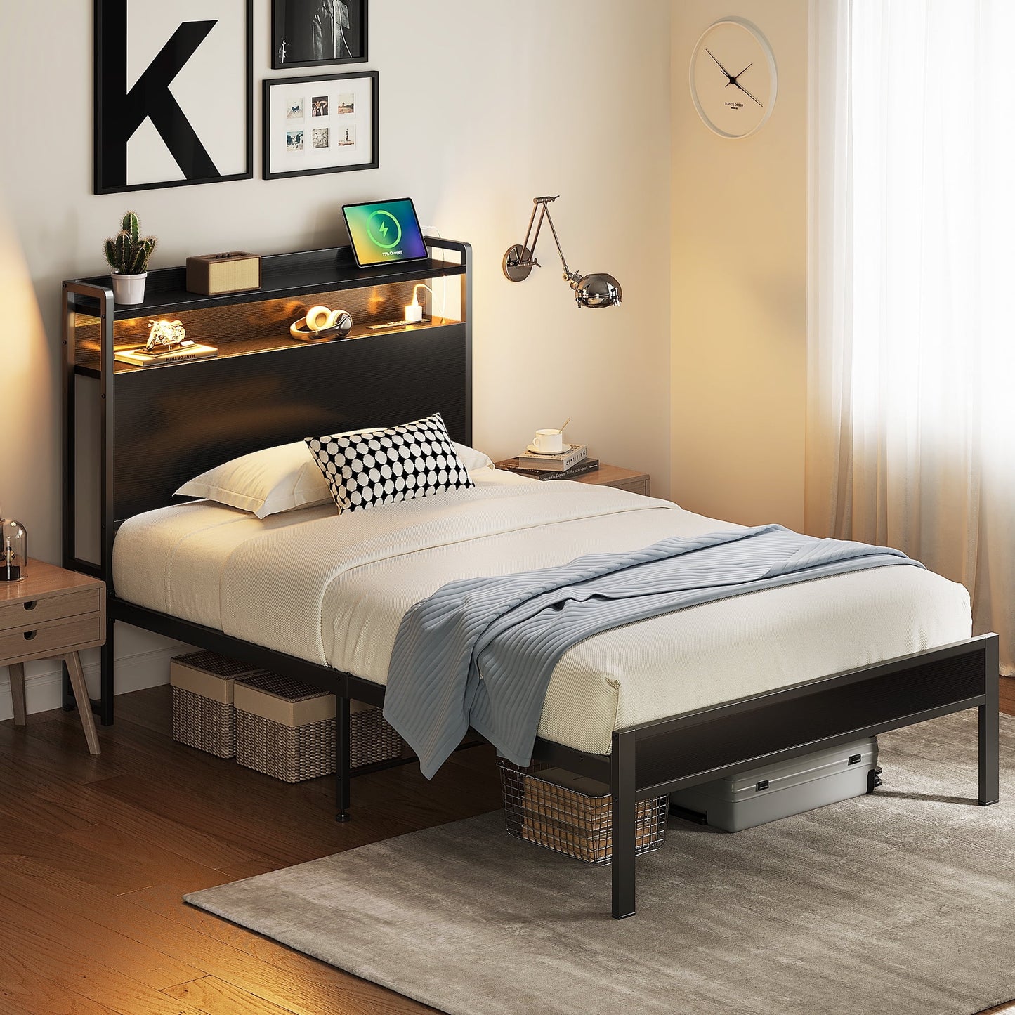 Casacomoda Twin Bed Frames, Storage Headboard with Charging Station, RGB Light Strips, Solid and Stable, Noise Free, No Box Spring Needed, Easy Assembly, Black